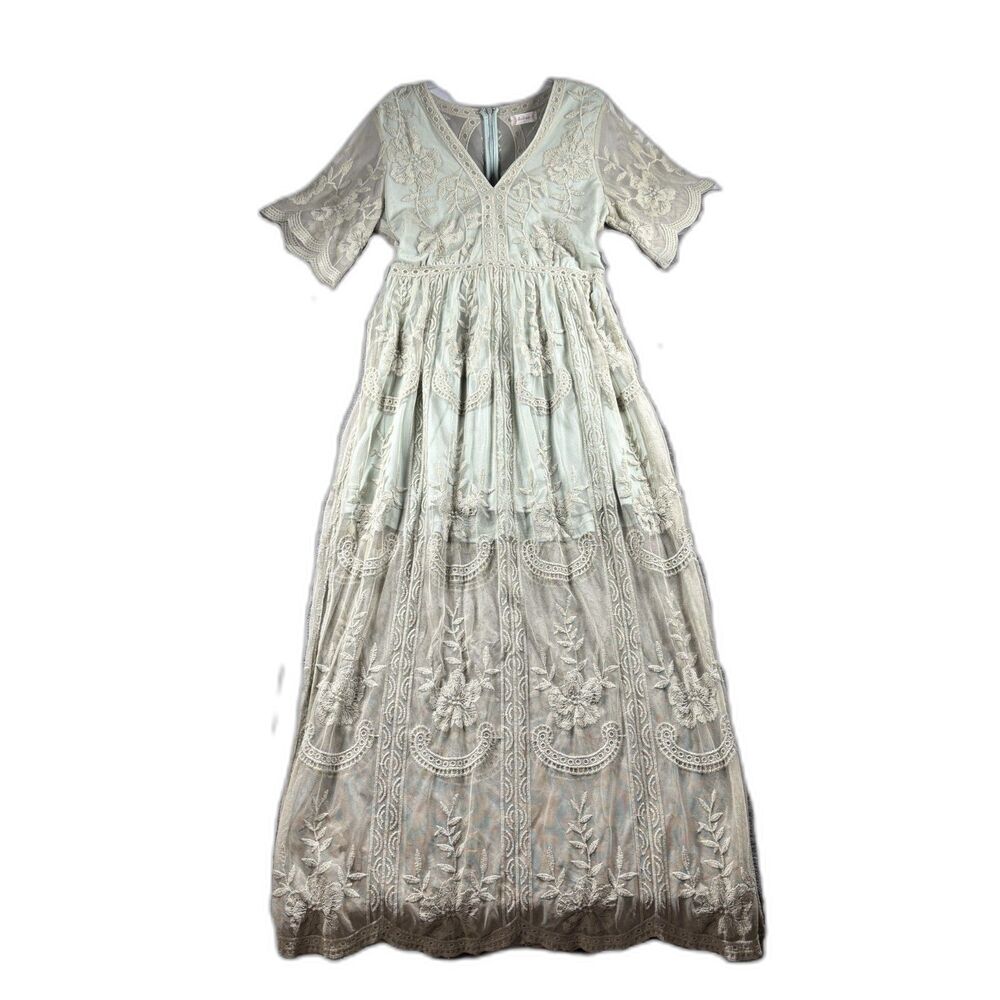 Altar’d State Women Maxi Dress Marionette Lace Overlay Sage Green Large P220